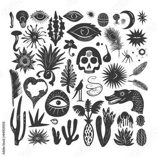 Hand-Drawn Occult Elements: Skull, Eyes, Flora, and Mythical Creatures.