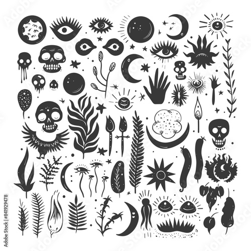 Esoteric Ink: Mystical Symbols Collage, Skulls, Eyes, Stars, and Celestial Motifs in Black and White.