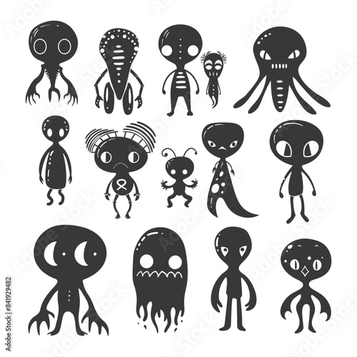 Silhouette Alien Crew: Black and White Cartoon Monsters Vector Set.