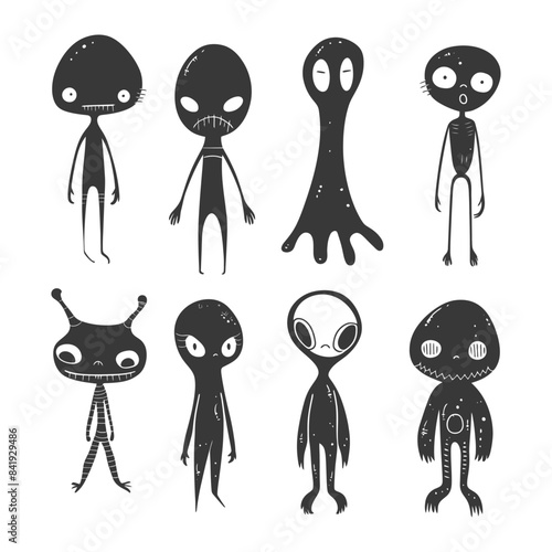 Whimsical Alien Cartoon Silhouettes - Black and White Creature Collection