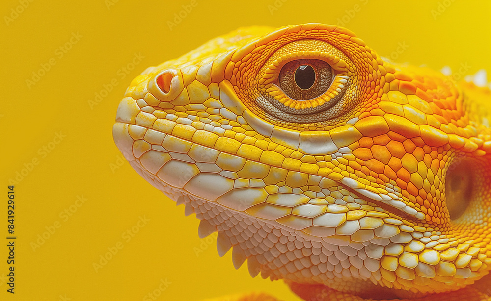 Fototapeta premium Close-up of a bearded dragon lizard against a yellow background.