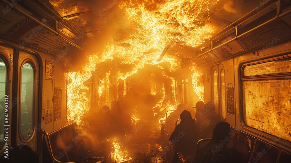 Fototapeta premium A subway car accident leads to a passenger train being engulfed in a devastating fire, creating a dramatic and distressing scene.