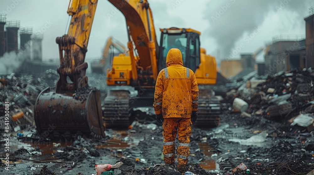 An excavator, working tirelessly at a landfill, symbolizes the steps taken to progress towards a balanced ecosystem and safeguard public health. An excavator, working tirelessly at a landfill, symbolizes the steps taken to progress towards a balanced ecosystem and safeguard public health.