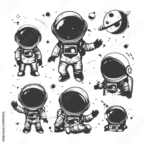 Monochrome Spacewalk: Cartoon Astronauts in Various Poses with Planet and Stars.