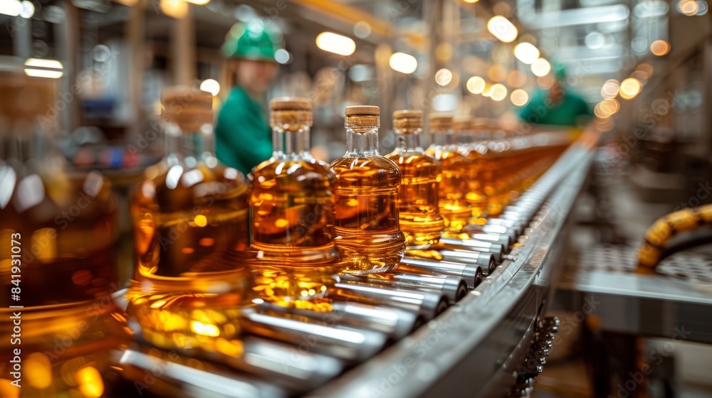 A conveyor belt moves with precision, guiding the whiskey-filled glass bottles through their journey in the industrial production process. A conveyor belt moves with precision, guiding the whiskey-filled glass bottles through their journey in the industrial production process.