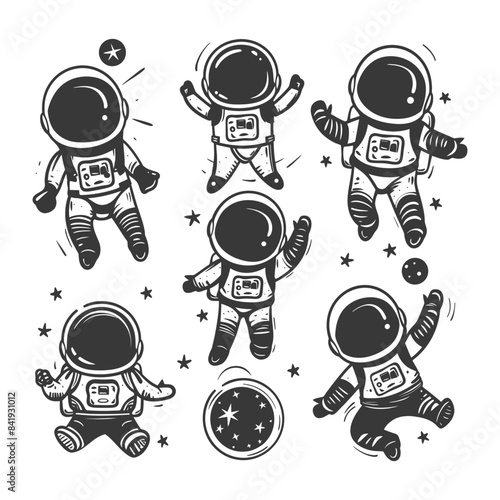 Doodle Spacewalk: Hand-Drawn Astronauts in Zero Gravity, Starry Exploration.