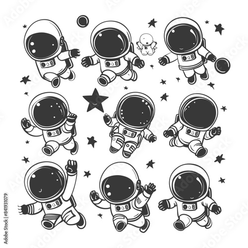 Cartoon Astronauts Collection: Space Cadets Floating Among Stars, Vector Illustration.