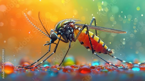 Close-up view of a colorful mosquito on vibrant background with water droplets. High detail macro shot of this fascinating insect.