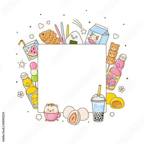 Banner card with cute asian food elements - cartoon illustration of traditional japanese sweets and drinks isolated on white background for Your kawaii design