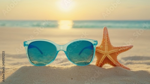 Cool starfish with glasses relaxing on the beach
