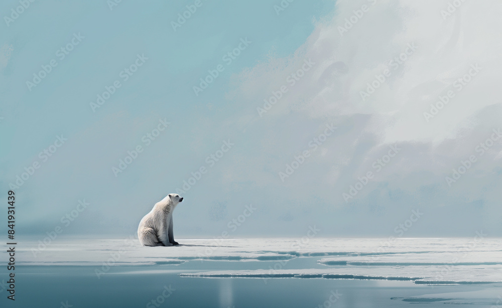 Naklejka premium Polar bear standing on an ice floe in the Arctic, surrounded by icy waters and snow-covered mountains.