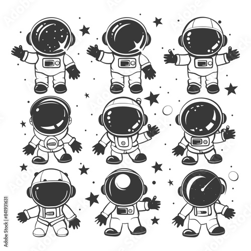 Monochrome Cartoon Astronauts: Spacewalk Poses with Stars Vector Illustration