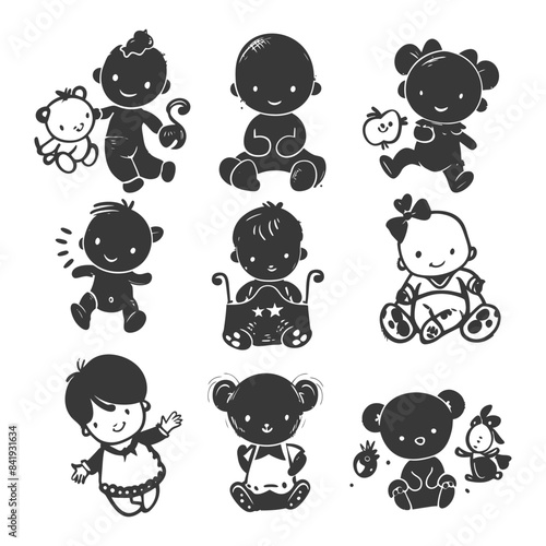 Silhouette Baby Icon Set: Playful Characters with Toys, Whimsical Black and White Vector Art