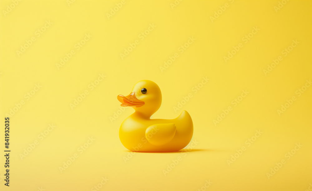 Fototapeta premium Yellow rubber duck on a matching yellow background.
