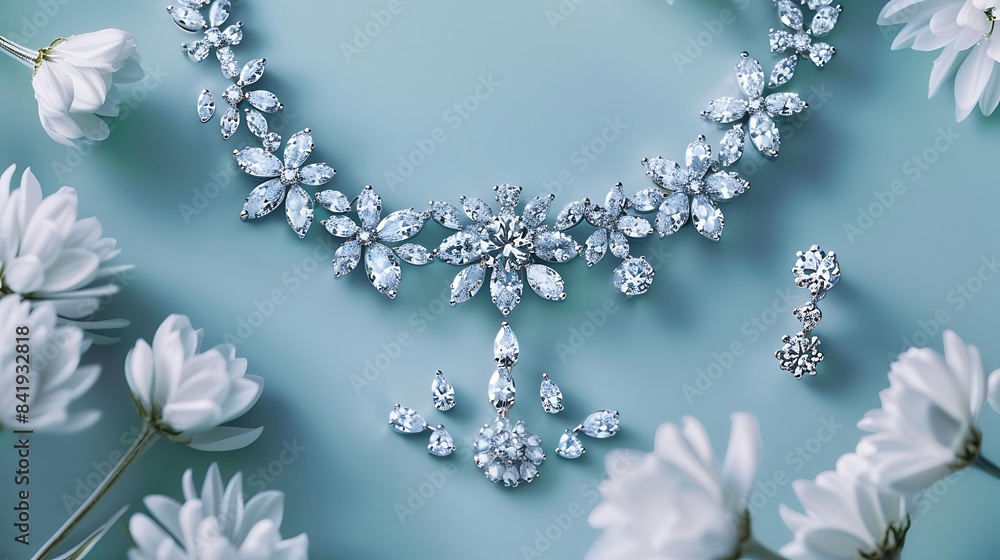 Diamond necklace with diamond earrings on blue background Diamond necklace with diamond earrings on blue background