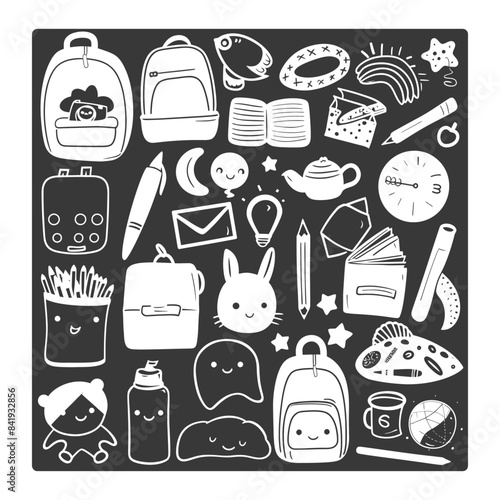 Chalkboard Back to School Doodle: Backpacks, Books, Planets & Smiling Icons on Dark Background