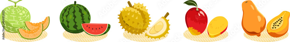 Natural fruit collection. Different fresh fruit design of melon, watermelon, durian fruit, mango and papaya. Natural fruit collection. Different fresh fruit design of melon, watermelon, durian fruit, mango and papaya.