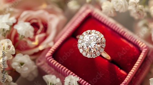 Diamond ring in red jewel box with flower background