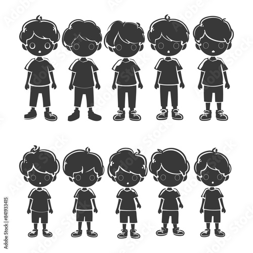 Silhouette Collection: Stylized Cartoon Boys, Different Haircuts, Uniform Outfits, Grouped.