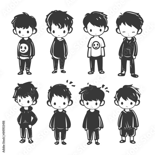Cartoon Boy Poses: Monochrome Vector Illustration Set