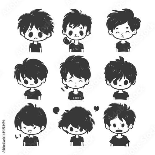Nine Stylized Boy Character Expressions, Manga Style, Black and White.