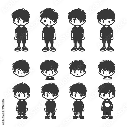 Monochrome Cartoon Boy Variants: Full Body, Headshots, and Heart Detail, Isolated Vector Set.