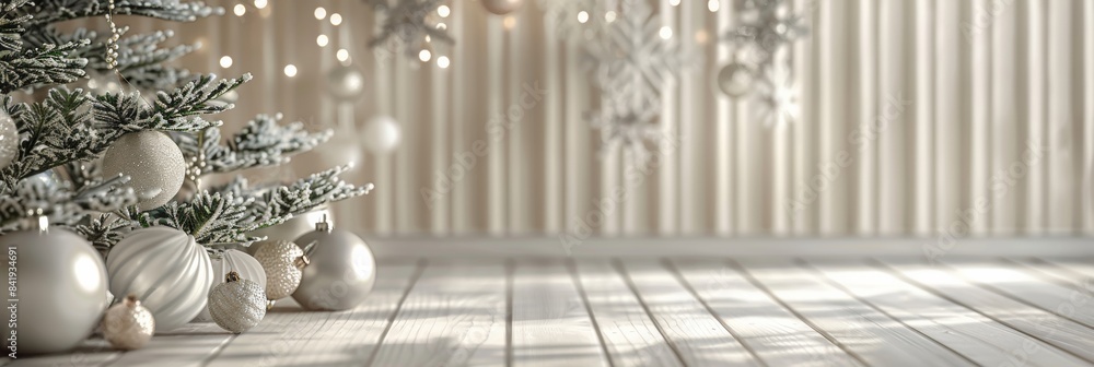 Elegant Christmas Setup with Vertical Fabric Stripes and White Desk Featuring Green Festive Tree and Beige Wall Decorations Elegant Christmas Setup with Vertical Fabric Stripes and White Desk Featuring Green Festive Tree and Beige Wall Decorations