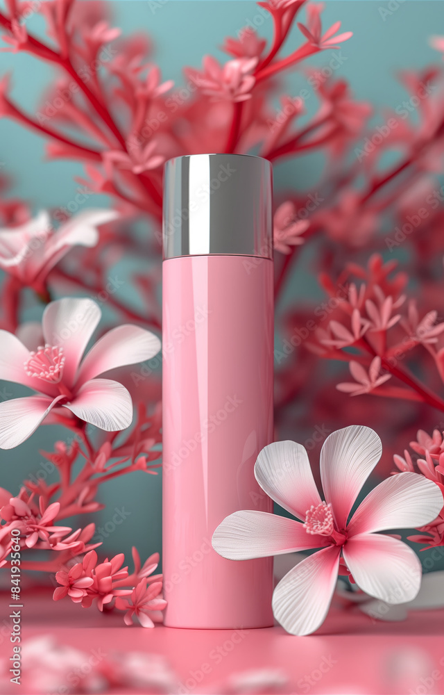 Pink cosmetic bottle surrounded by red flowers, styled illustration, blue background. Beauty and skincare concept. Generative AI Pink cosmetic bottle surrounded by red flowers, styled illustration, blue background. Beauty and skincare concept. Generative AI