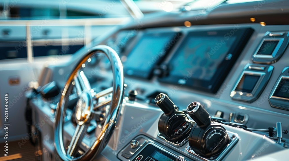 Close-up of a luxury yachts steering wheel and control panel Close-up of a luxury yachts steering wheel and control panel