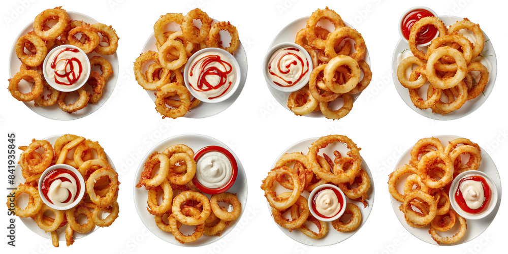 Set of Onion Ring Fries With Dipping Sauce isolated on transparent png background. Generative ai Set of Onion Ring Fries With Dipping Sauce isolated on transparent png background. Generative ai