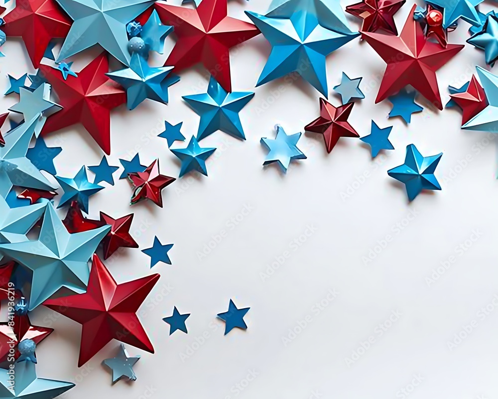 Red and blue stars decorating a white backdrop, capturing the festive spirit of American holidays. Red and blue stars decorating a white backdrop, capturing the festive spirit of American holidays.