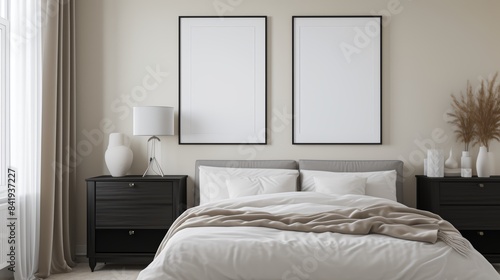 Modern Minimalist Bedroom Mock-Up with Blank Frames Above Bed for Design Display. Perfect for showcasing posters, artwork, or photo frames in a stylish, minimalist bedroom setting