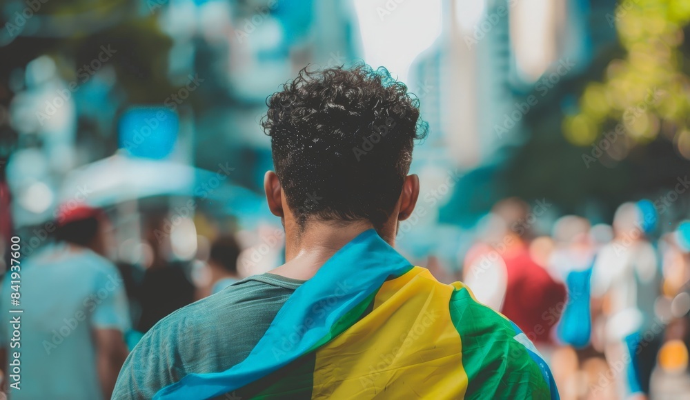 Patriotic Man Wrapped in Brazilian Flag on Crowded Urban Street Concept of National Pride and Cultural Identity Patriotic Man Wrapped in Brazilian Flag on Crowded Urban Street Concept of National Pride and Cultural Identity