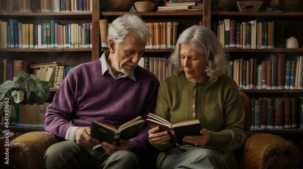 A serene elderly couple reading books in a cozy library room, man in a violet sweater, woman in an olive green cardigan. A serene elderly couple reading books in a cozy library room, man in a violet sweater, woman in an olive green cardigan.