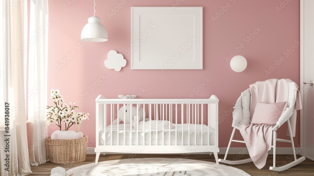 Minimalistic Baby Nursery Room Mock-Up with White Crib and Pink Wall Decor. Perfect for showcasing elegant and minimalistic baby nursery designs and decor Minimalistic Baby Nursery Room Mock-Up with White Crib and Pink Wall Decor. Perfect for showcasing elegant and minimalistic baby nursery designs and decor