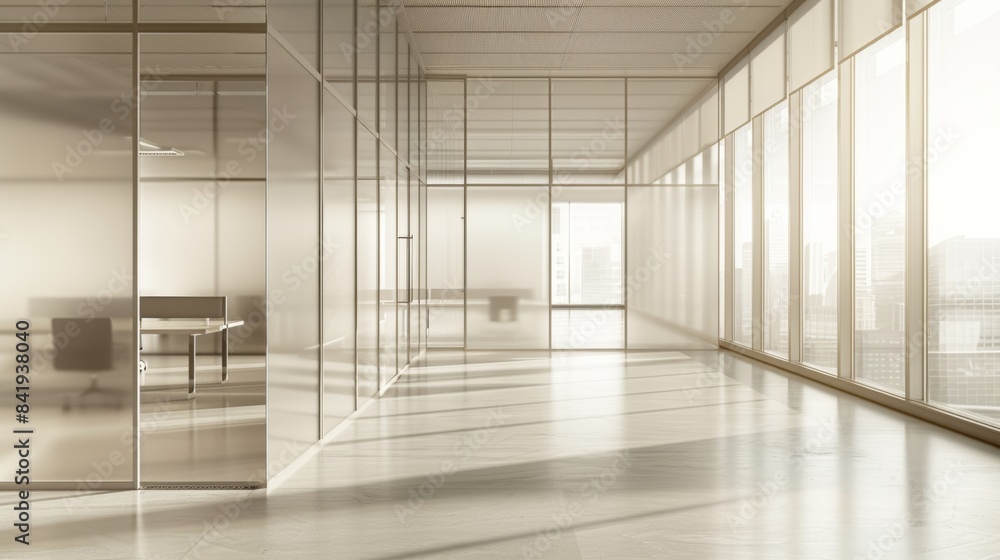 Sunlit Modern Office Space with Reeded Glass Partitions and View of Urban Skyline, Emphasizing Productivity and Tranquility Sunlit Modern Office Space with Reeded Glass Partitions and View of Urban Skyline, Emphasizing Productivity and Tranquility
