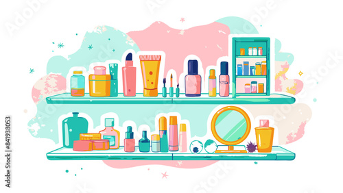 Colorful Illustration of Beauty and Skincare Products on Shelves