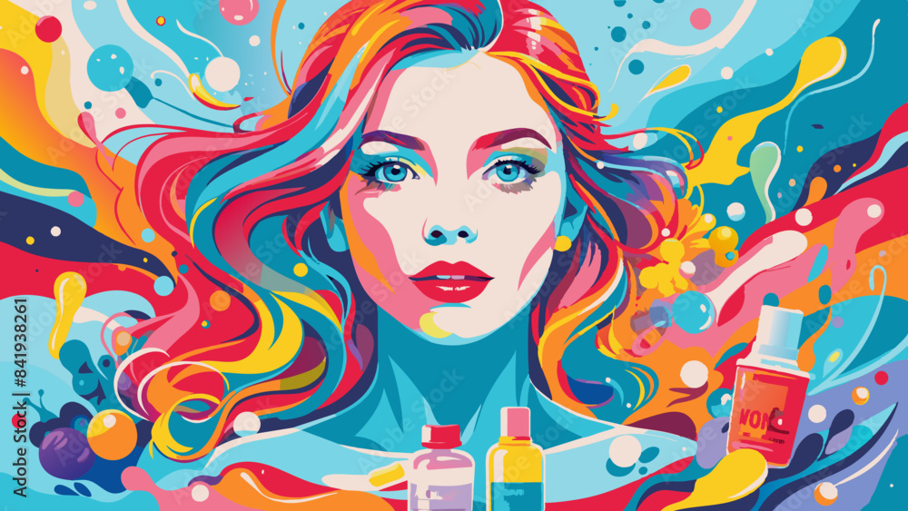 Vibrant Pop Art Portrait of a Woman with Colorful Abstract Background Vibrant Pop Art Portrait of a Woman with Colorful Abstract Background