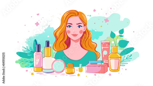 Vibrant Illustration of Woman with Skincare Products and Cosmetics