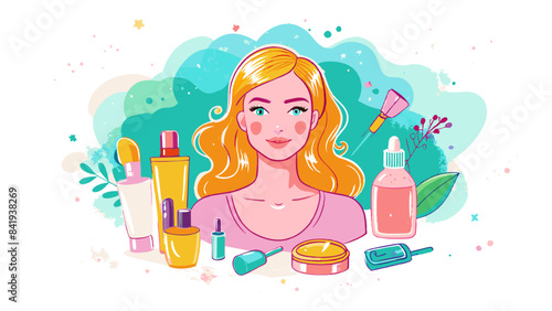 Radiant Beauty Routine: Illustration of Woman with Skincare Products