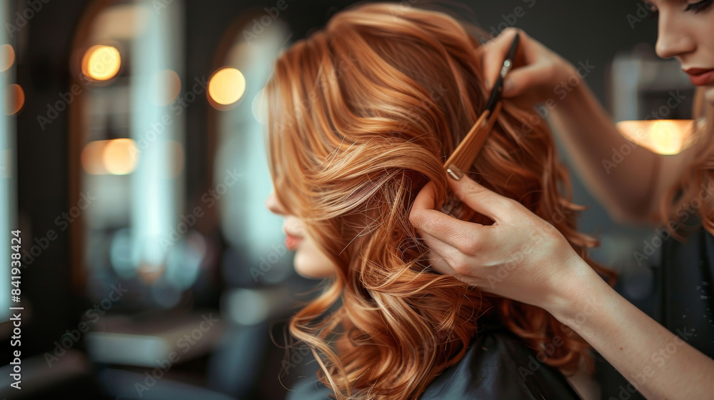 Obraz premium Professional hairstylist styling a woman's beautiful red hair in a modern salon with elegant decor and warm lighting.