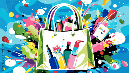 Colorful Shopping Spree - Vibrant Bags, Cosmetics, and Splashes