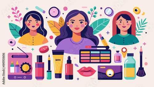 Colorful Illustration of Women with Trendy Cosmetics and Skincare Products
