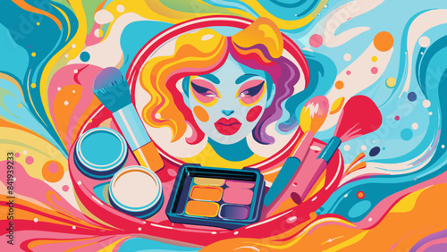Vibrant Makeup Artistry Illustration with Colorful Abstract Background