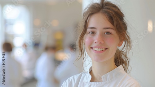 Portrait of a young female dental hygienist with a friendly smile, standing in a modern dental clinic with equipment in the background.