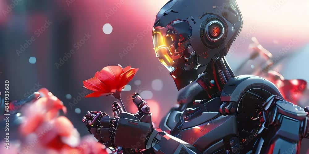 A large formidable iron robot holding a delicate graceful scarlet flower in his hand, as a symbol of the unity of new technologies and nature, the invention of mankind, digitalization, modernization. A large formidable iron robot holding a delicate graceful scarlet flower in his hand, as a symbol of the unity of new technologies and nature, the invention of mankind, digitalization, modernization.