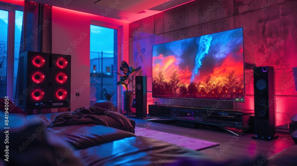 Focused image of a futuristic home entertainment system setup with holographic speakers and large screen Focused image of a futuristic home entertainment system setup with holographic speakers and large screen