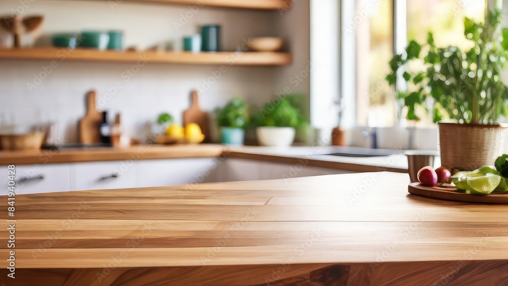 blank wooden countertop with vegitables in front of a blurred blank wooden countertop with vegitables in front of a blurred