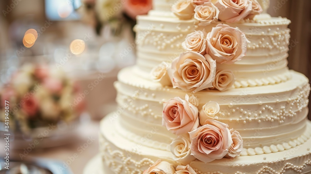 Fototapeta premium Focused image of a wedding cake with intricate decorations