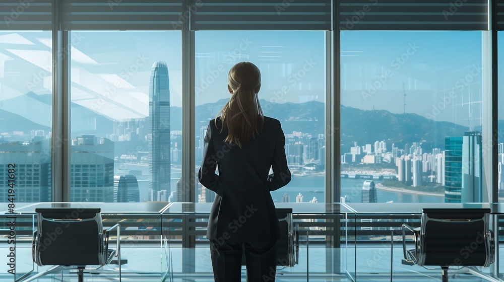 Fototapeta premium Professional woman in a sleek black suit conducting a meeting in a modern office with large windows and city view.